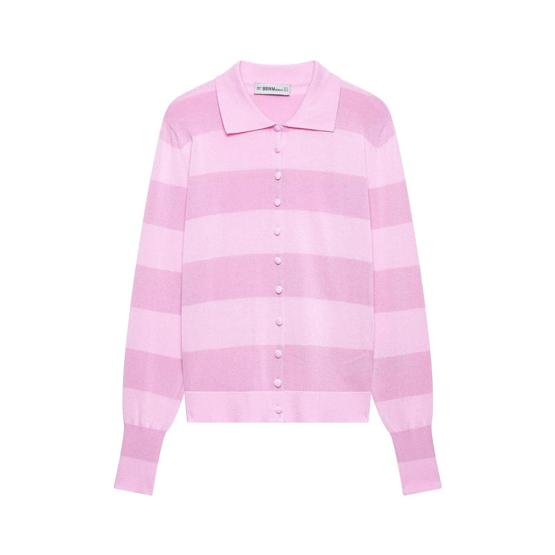 Women's Striped Cardigan with Polo Collar and Full Button Placket Mune Fashion