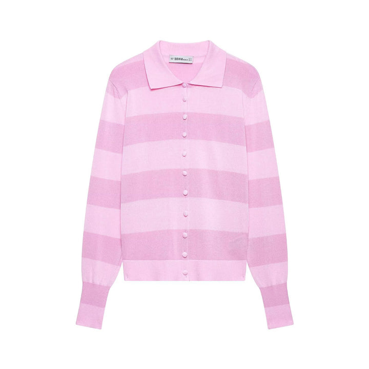 Women's Striped Cardigan with Polo Collar and Full Button Placket Mune Fashion