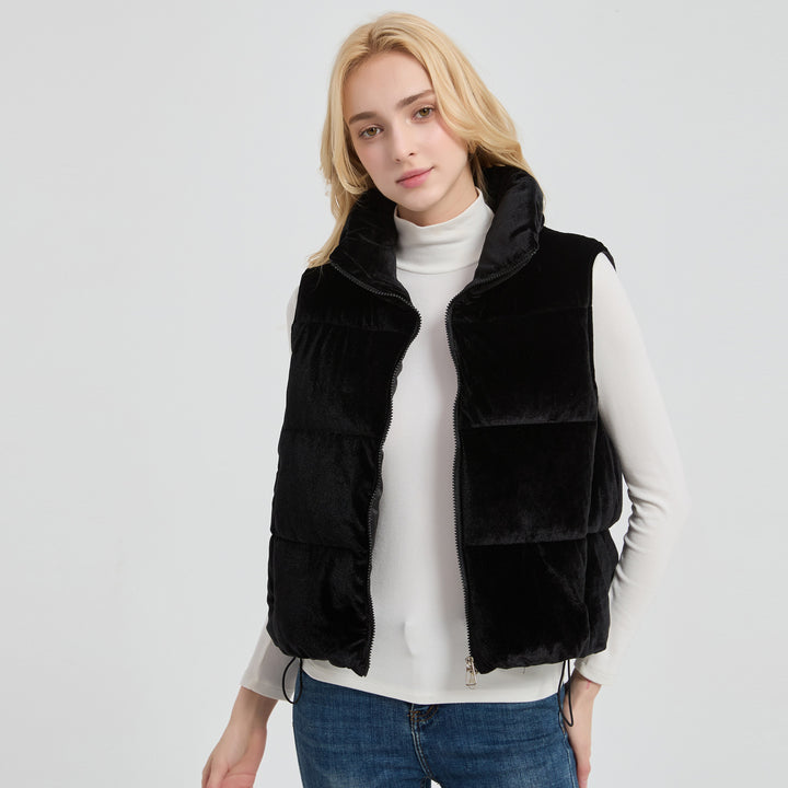 Women's quilted velvet insulation vest with high stand-up collar and adjustable drawstring hem Mune Fashion