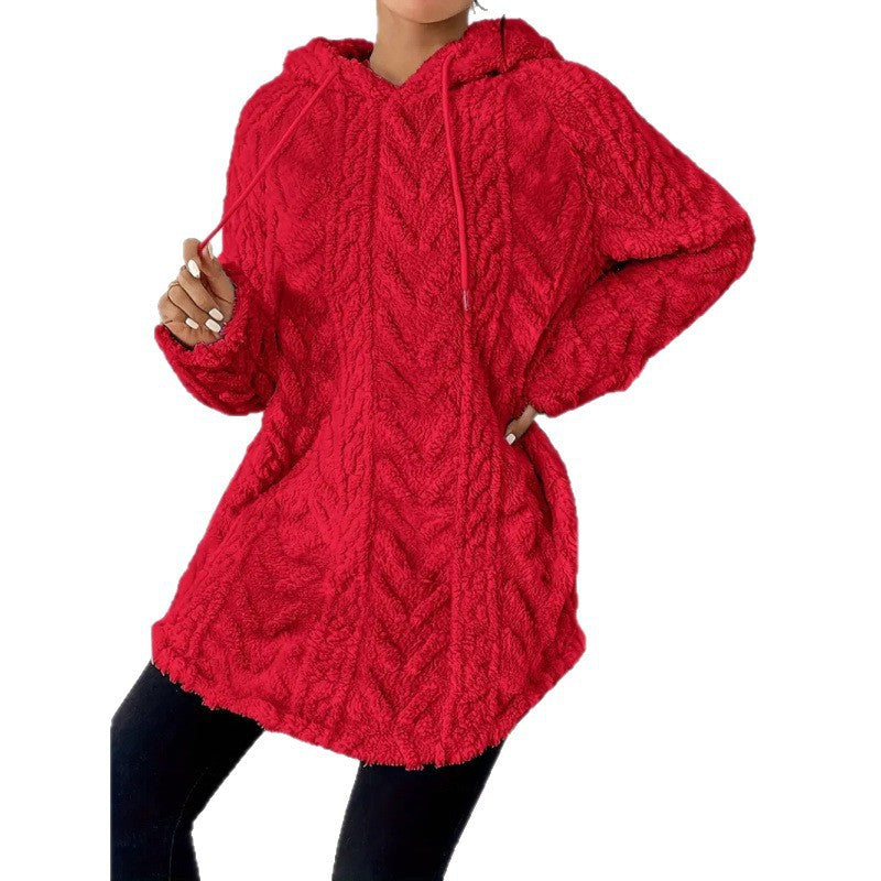 Women Cozy Teddy Hoodie with Cable Knit Pattern Drawstring and Rounded Hem Mune Fashion