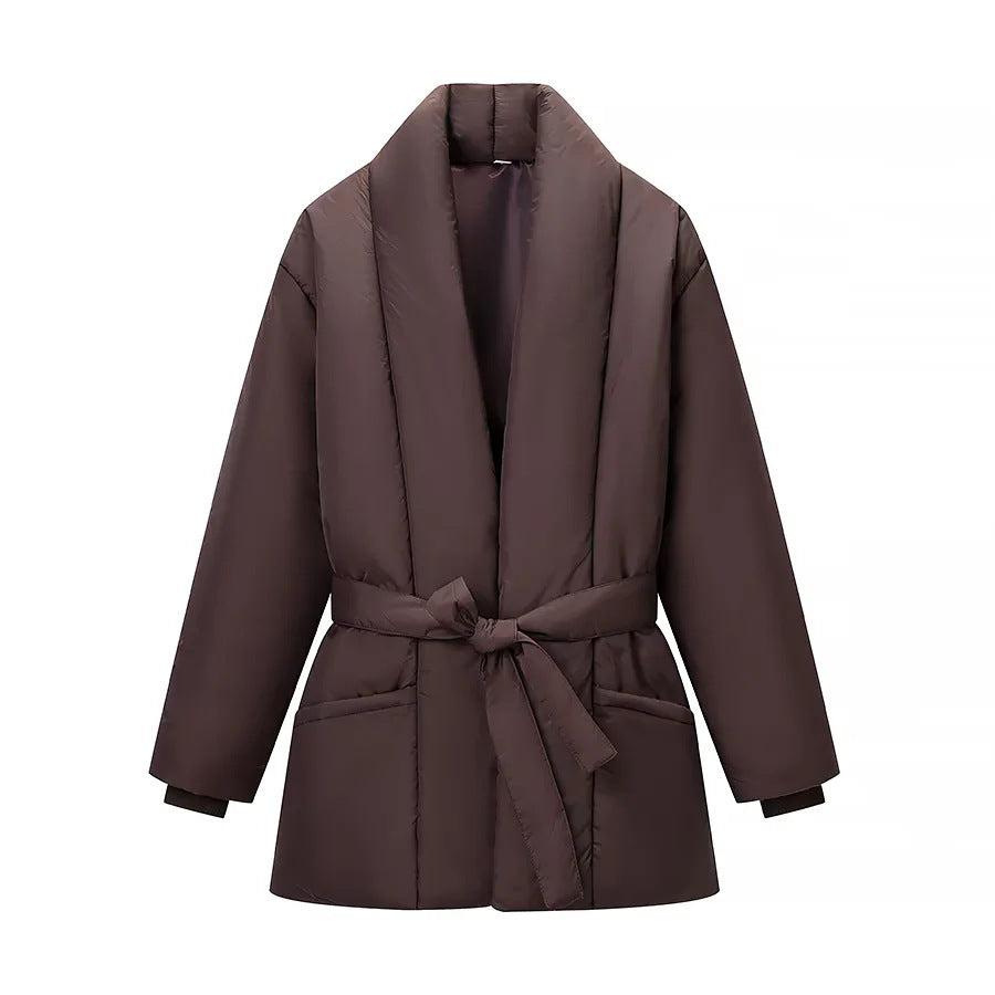 Women's nano quilted jacket with shawl collar, tie belt, and patch pockets Mune Fashion