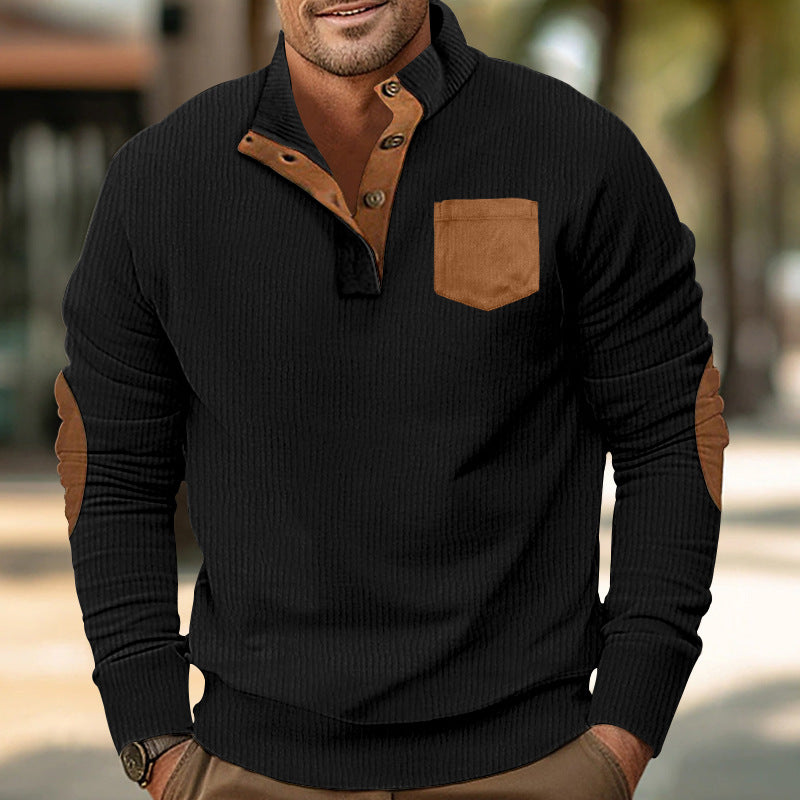 Men's structured half-button Troyer with Kent collar, chest pocket, and leather-look elbow patches Mune Fashion