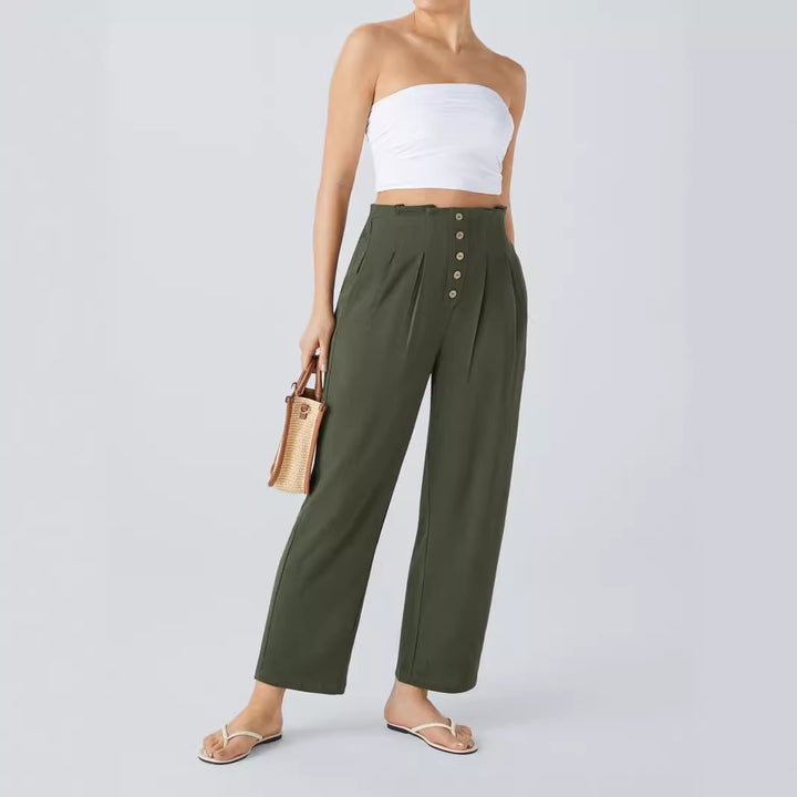 Women's High-Waisted Pleated Linen Pants with Decorative Button Placket Mune Fashion