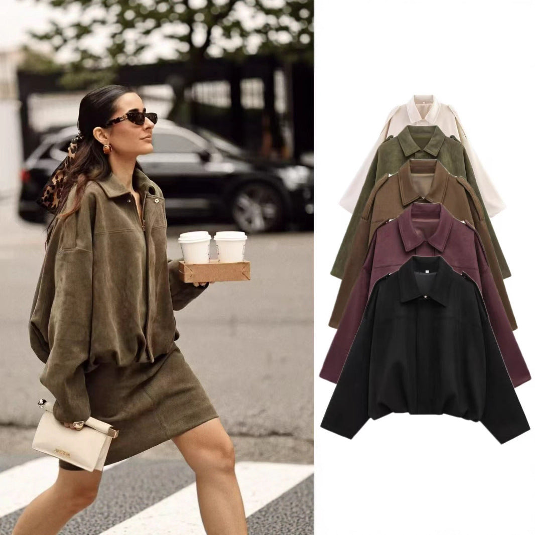 Women Cropped Boxy Transition Jacket in Suede Look with Epaulettes Mune Fashion