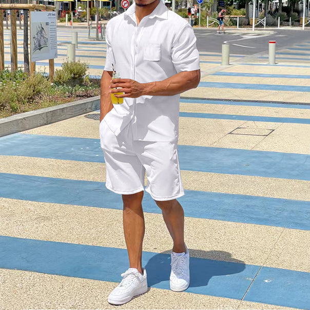 Men's Nan Legeres Resort Two-Piece with Open Short Sleeve Shirt, Chest Pocket and Elastic Bermuda Mune Fashion