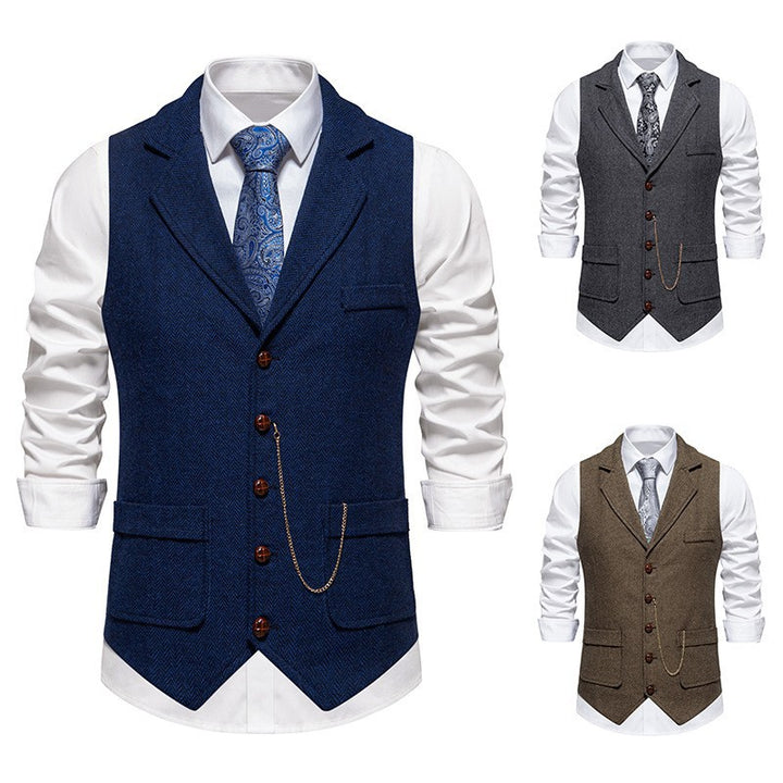 Men's vintage vest with lapel collar watch chain and breast pocket Mune Fashion