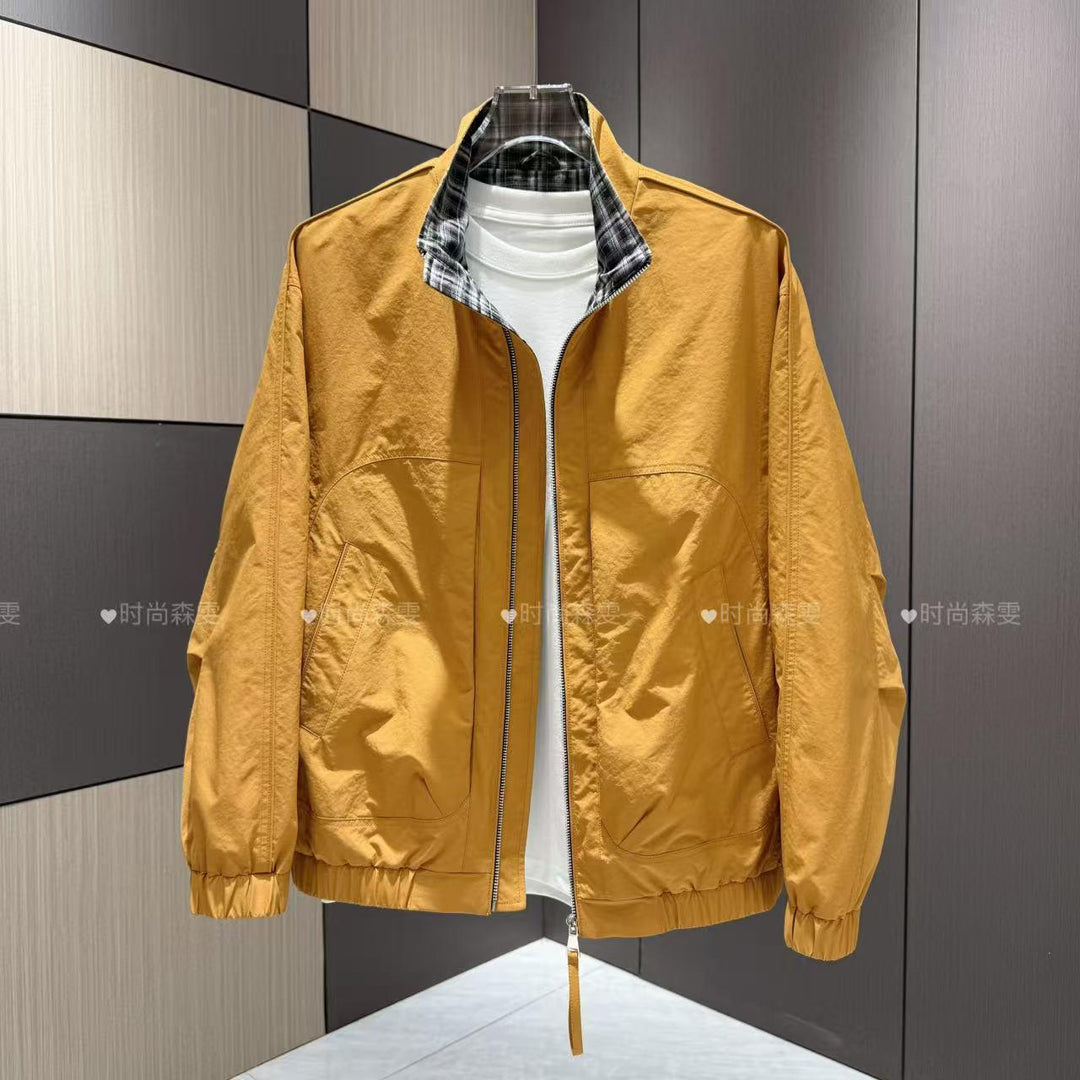 Men's Lightweight Cotton Blend Blouson with Stand-Up Collar and Checked Lining Mune Fashion