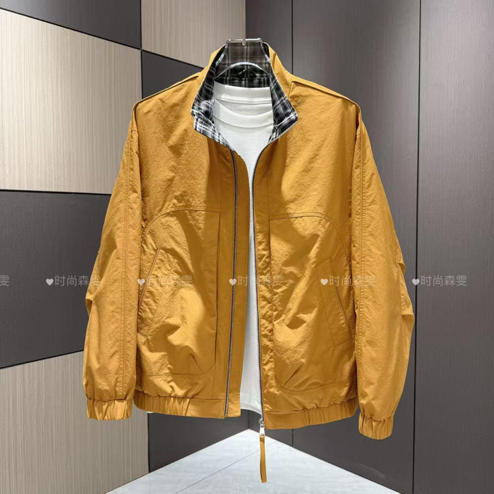 Men's Lightweight Cotton Blend Blouson with Stand-Up Collar and Checked Lining Mune Fashion