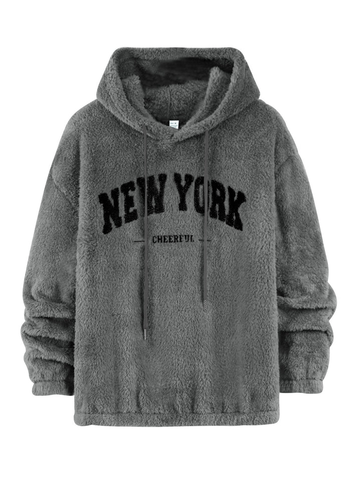 Unisex nan cozy plush hoodie with chenille logo, hood and elastic hem Mune Fashion