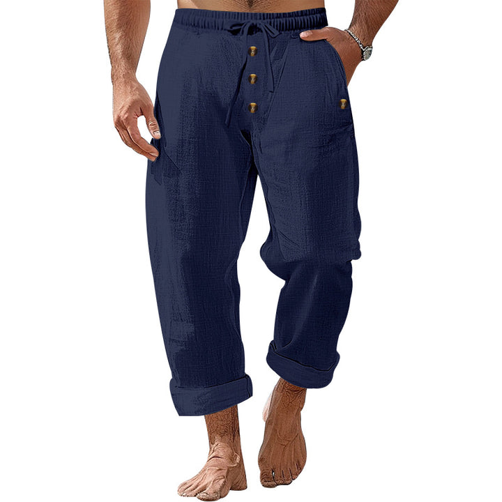 Men's casual linen-cotton pants with elastic waistband, drawstring, and rolled-up hem Mune Fashion