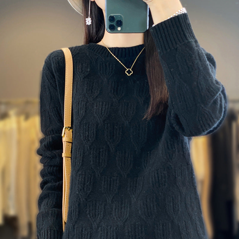 Women's Soft Mohair-Look Round Neck Sweater with Raised Tulip Texture Mune Fashion