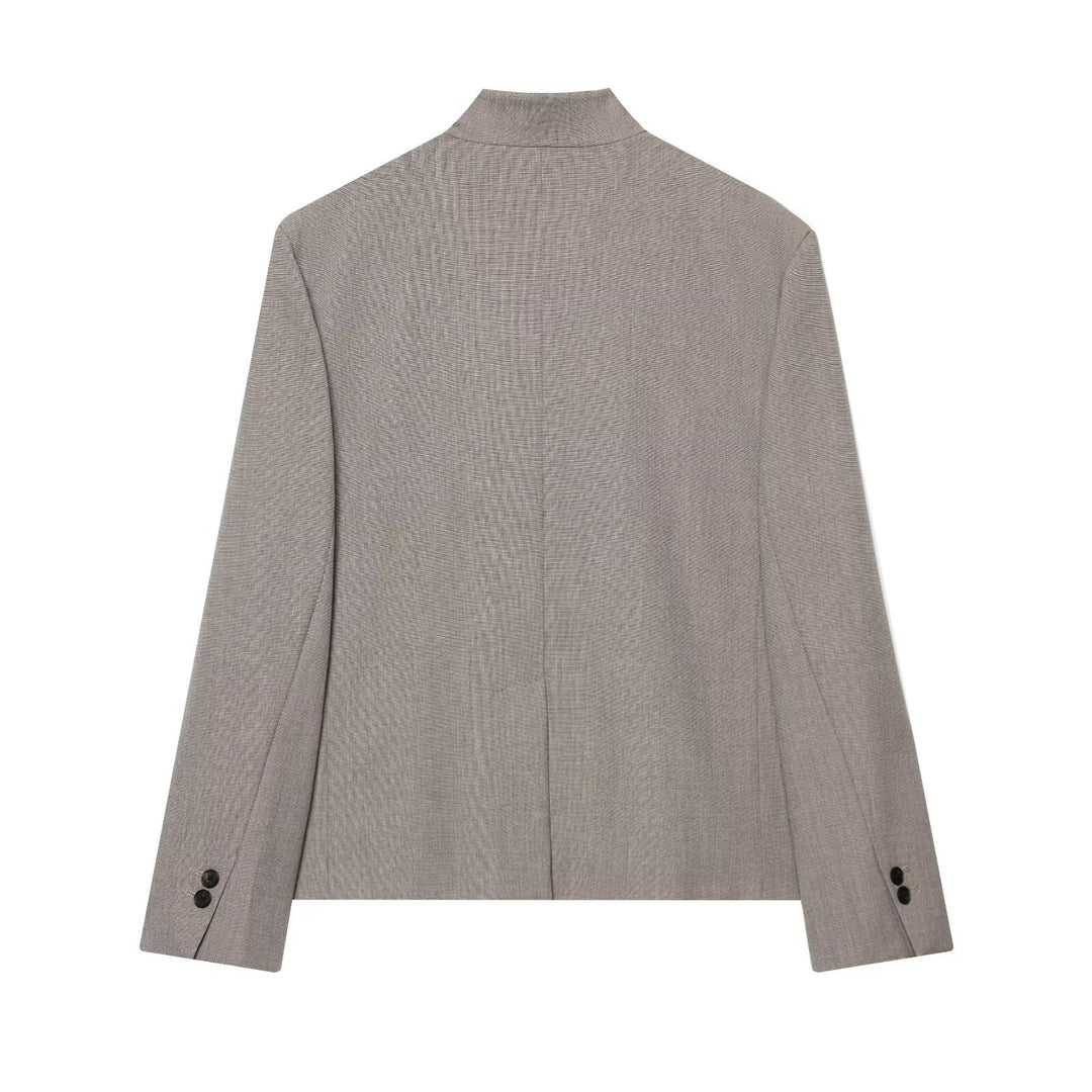 Women Short Tailored Blazer with Stand-Up Collar and Asymmetrical Button Placket Mune Fashion