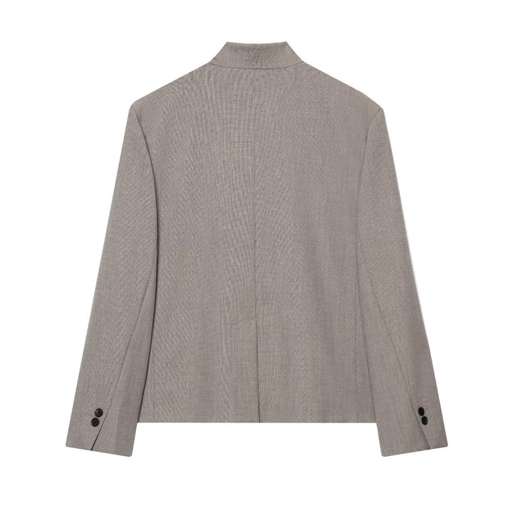Women Short Tailored Blazer with Stand-Up Collar and Asymmetrical Button Placket Mune Fashion
