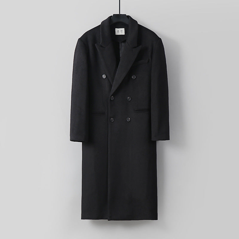 Men's Classic Double-Breasted Long Coat made of Wool Blend with Shawl Collar and Fine Lining Processing Mune Fashion