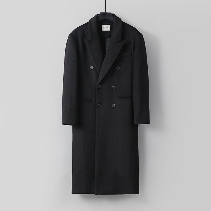 Men's Classic Double-Breasted Long Coat made of Wool Blend with Shawl Collar and Fine Lining Processing Mune Fashion