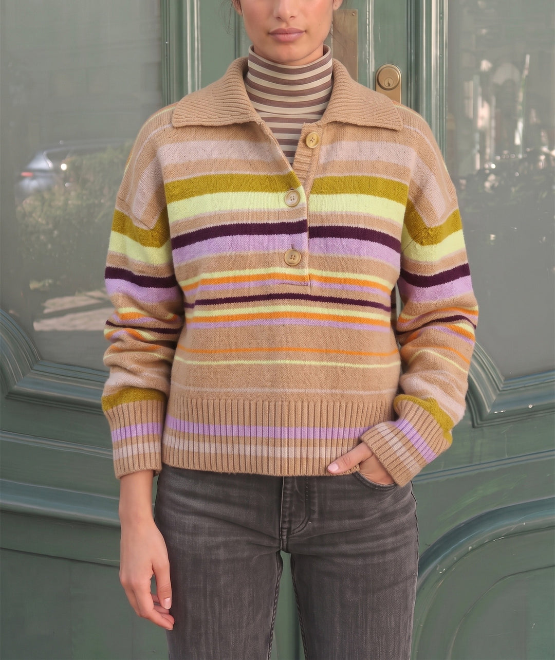 Women Striped Knitted Sweater with Polo Collar & Button Placket Mune Fashion