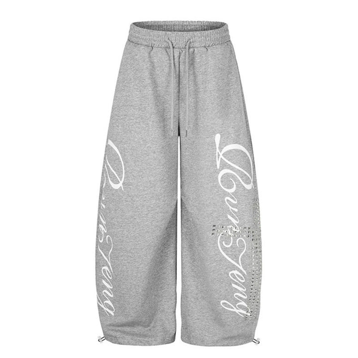 Women's Palazzo Sweatpants in Culotte Style with High Waist, Drawstring, Text Print and Rhinestone Trim Mune Fashion