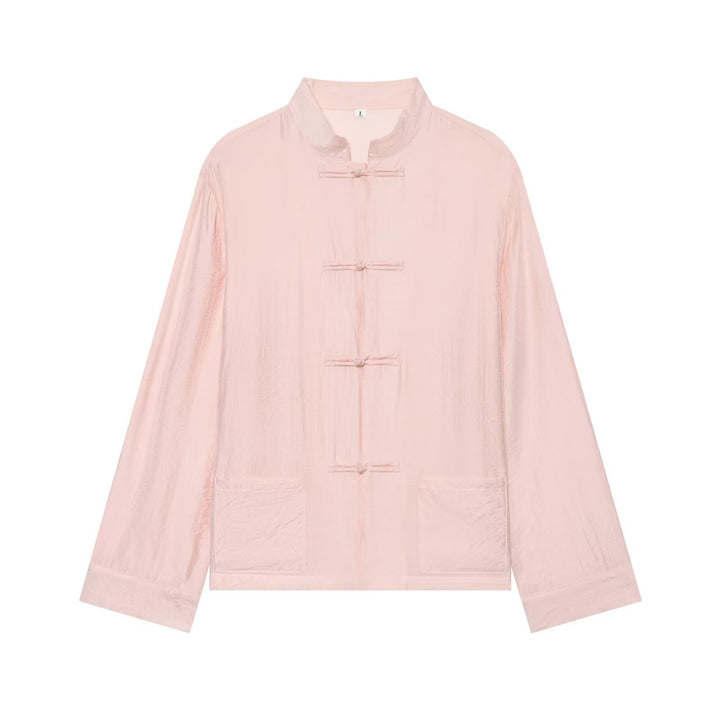 Women's Asian-inspired transitional jacket with stand-up collar, knot closures, and patch pockets Mune Fashion