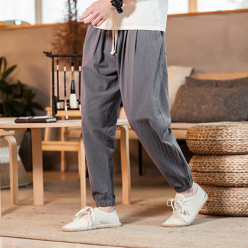Men's lightweight cotton-linen jogging pants with drawstring elastic cuffs and side pockets Mune Fashion