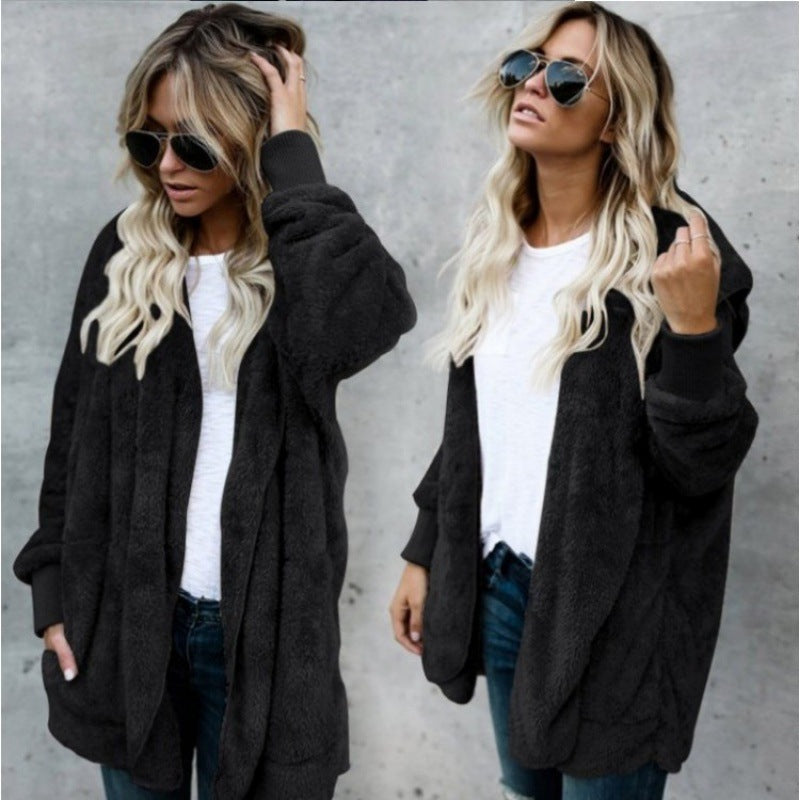 Women's Cozy Teddy Fleece Cardigan with Hood, Oversized Cut and Patch Pockets Mune Fashion