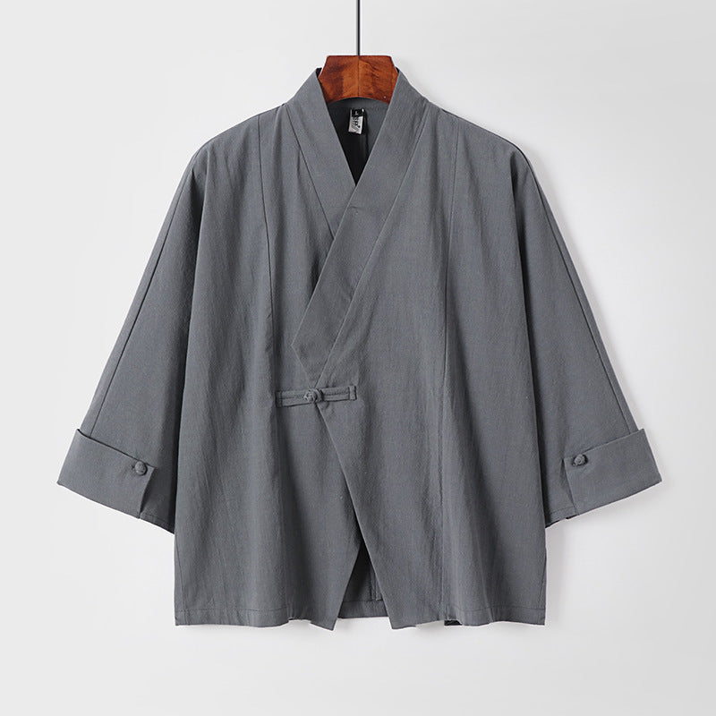 Men's Linen Kimono Jacket with Traditional Knot Closure and Medium-Length Sleeves Mune Fashion