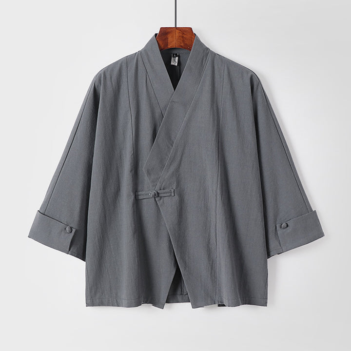 Men's Linen Kimono Jacket with Traditional Knot Closure and Medium-Length Sleeves Mune Fashion
