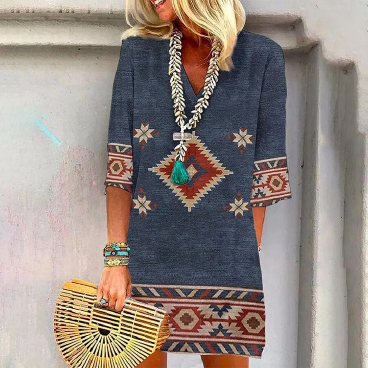 Women's Boho Tunic Dress with V-neck, 3/4 sleeves and geometric ethnic print Mune Fashion