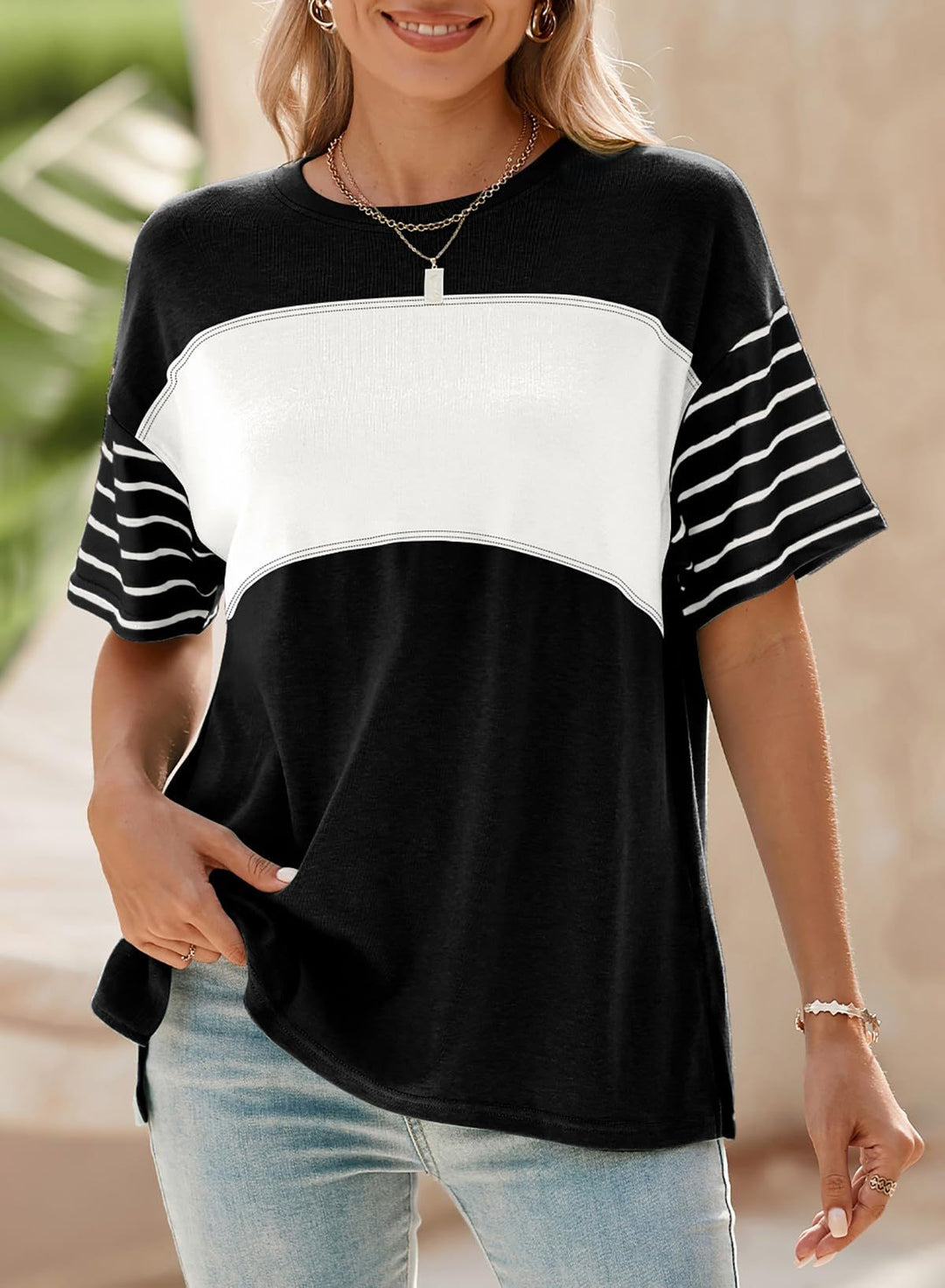 Women Oversize Shirt with Contrast Panel, Striped Sleeves and Side Slits Mune Fashion