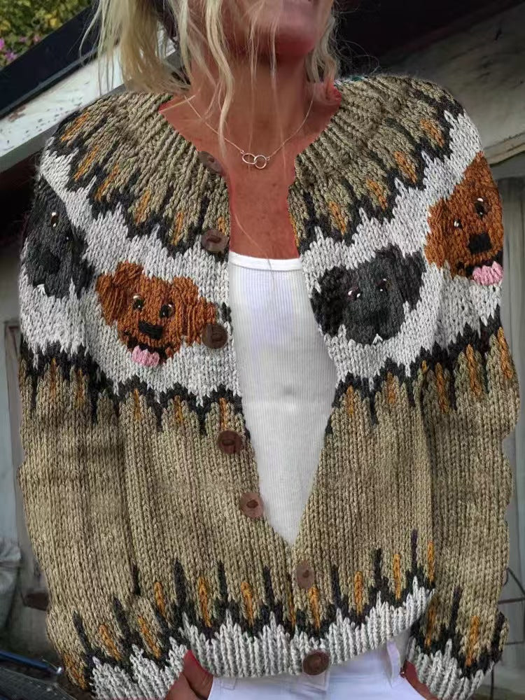 Women's patterned cardigan with round yoke, wooden buttons, and welt pockets Mune Fashion