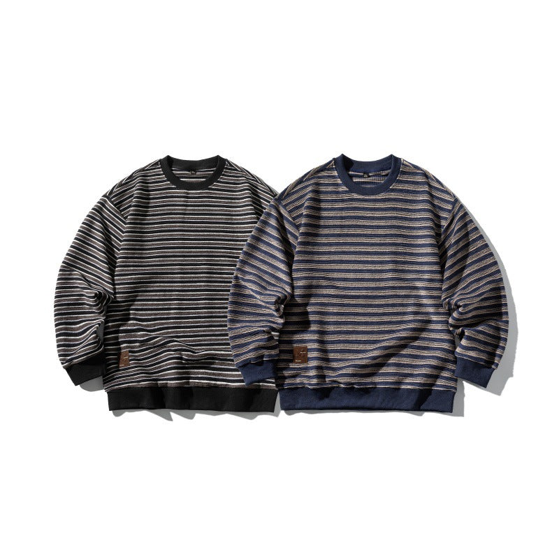 Unisex Striped Oversized Knit Sweatshirt with Ribbed Cuffs and Round Neck