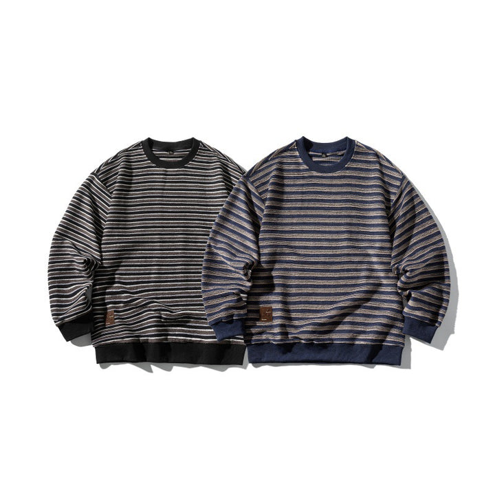 Unisex Striped Oversized Knit Sweatshirt with Ribbed Cuffs and Round Neck