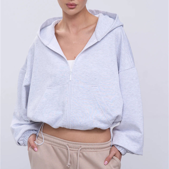 Women's casual cropped fleece hoodie with drawstring waistband, raglan sleeves and zip closure