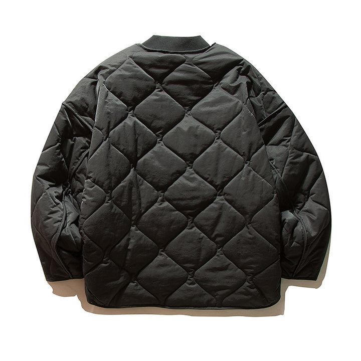 Unisex Lightweight Boxy Puffer Jacket with distinctive diamond quilting, front round pockets, and ribbed collar Mune Fashion