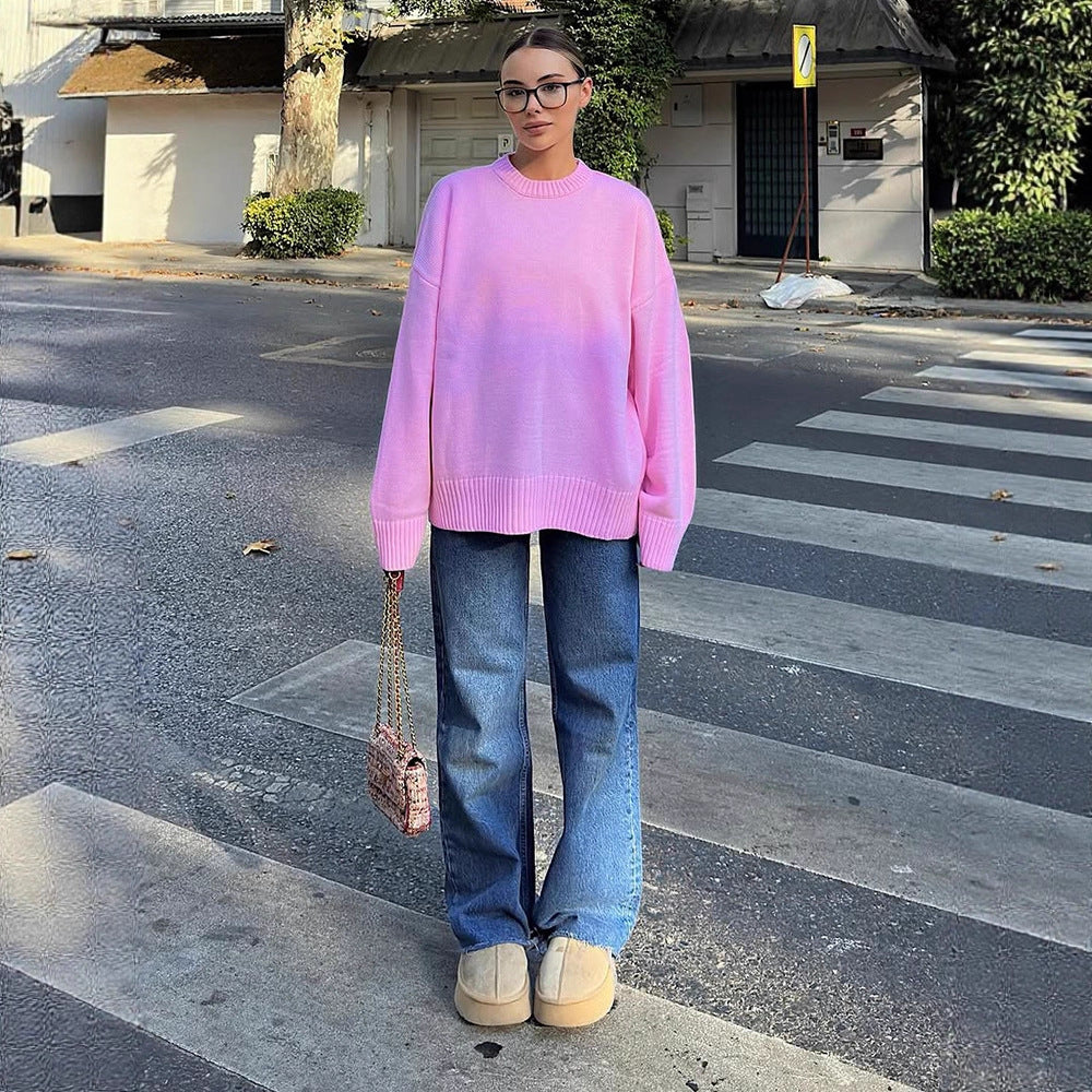Women's Oversized Fine Knit Sweater with Round Neck & Extended Cuffs Mune Fashion