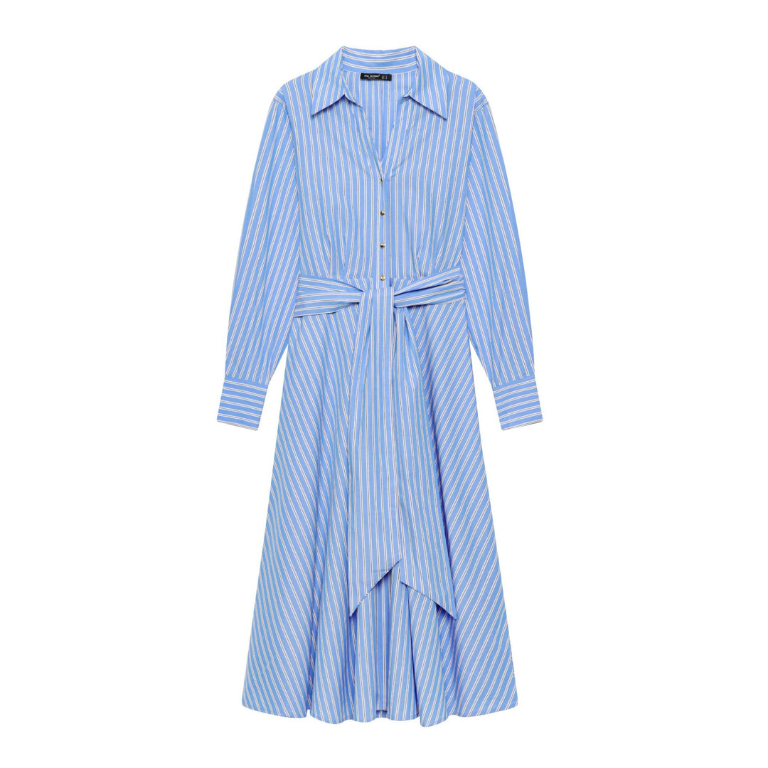 Women's striped shirt dress with tie belt, long cuffs and asymmetrical pointed hem Mune Fashion