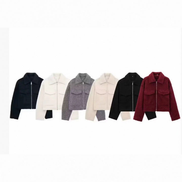 Women's short jacket in velour look with flap patch pockets and full-length zipper Mune Fashion