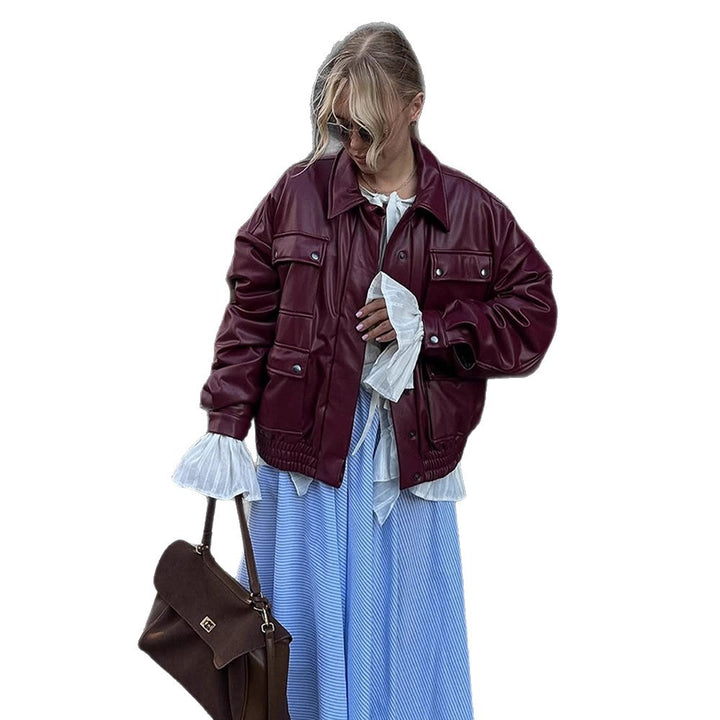 Women Oversized Faux Leather Jacket with Placket Snap Pockets and Elastic Hem Mune Fashion