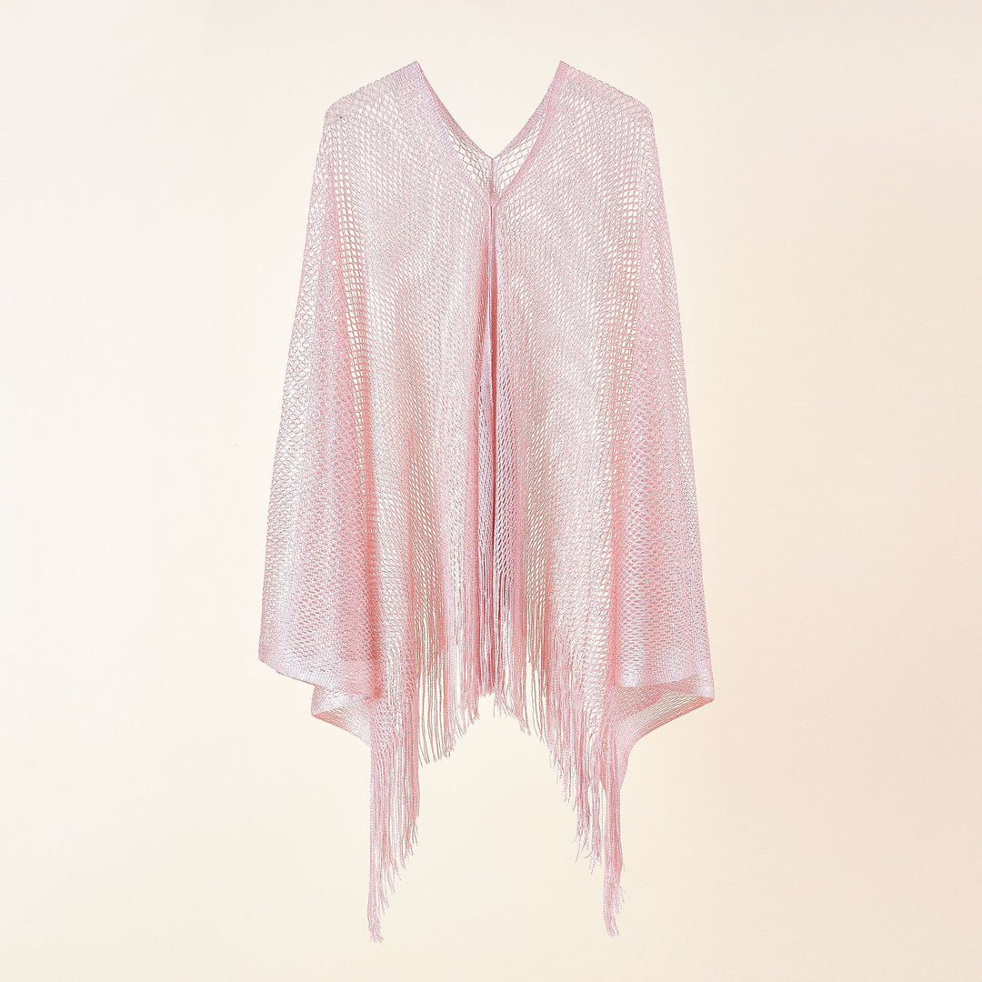 Ladies fine knit mesh stole with metallic shine and long fringes Mune Fashion