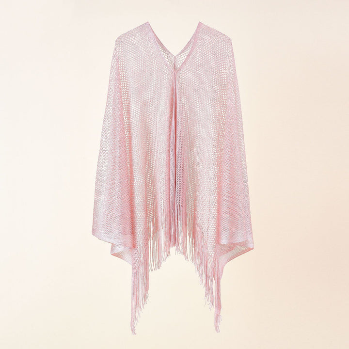 Ladies fine knit mesh stole with metallic shine and long fringes Mune Fashion