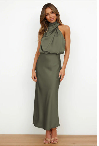 Women Flowing Maxi Dress with Elegant Stand Collar and Draping Mune Fashion