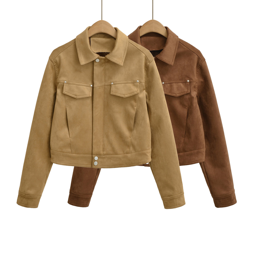 Women Short Velvet-Look Jacket with Snap Button Placket and Patch Breast Pockets Mune Fashion