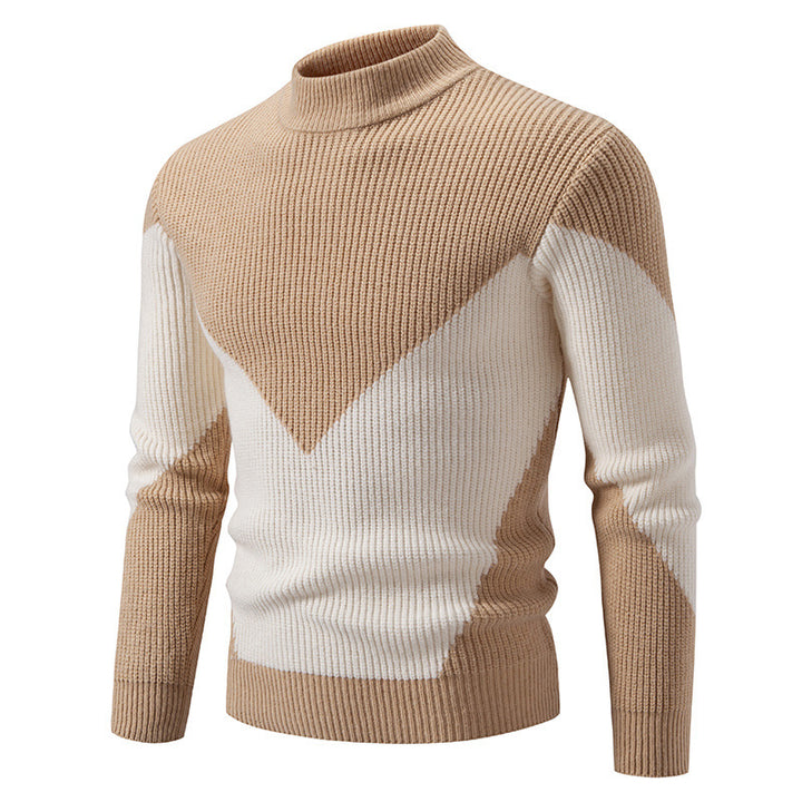 Men's fine ribbed knitted pullover with stand-up collar and contrast block design Mune Fashion