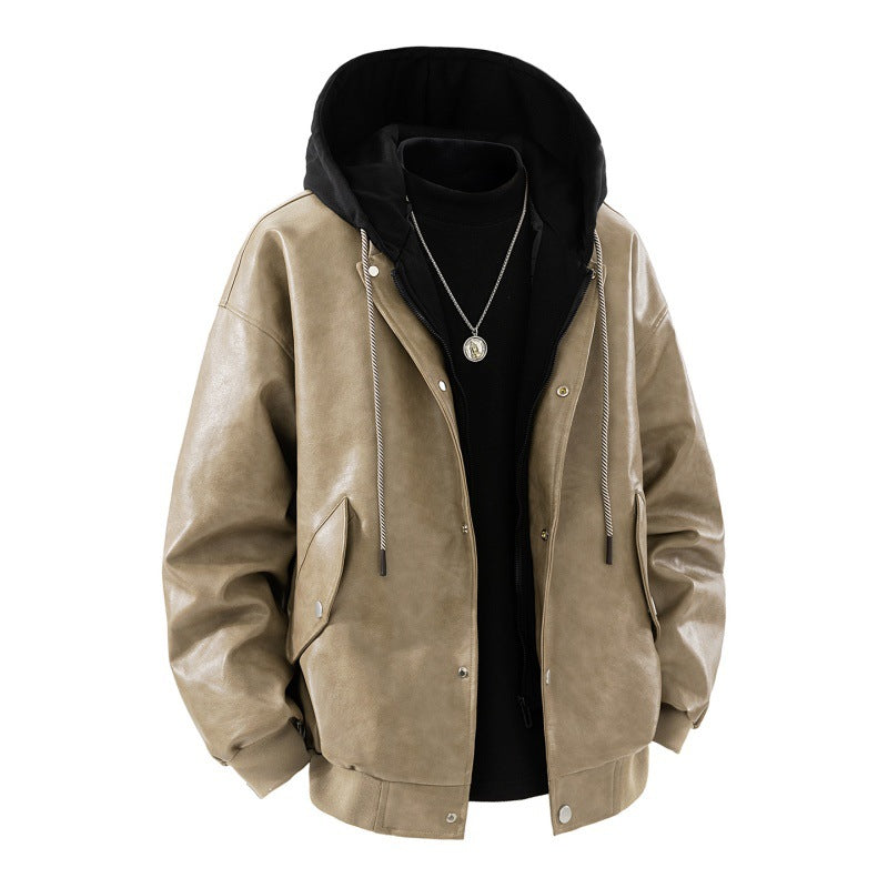 Men's oversized synthetic leather bomber jacket with contrasting hood, snap button placket and patch pockets Mune Fashion