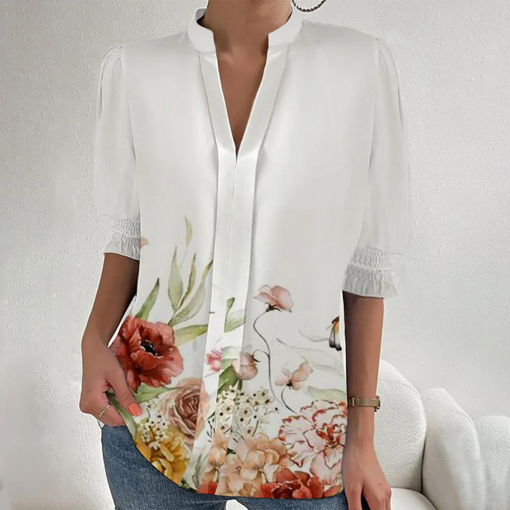 Women Floral Print Tunic Blouse with Stand Collar, Slit V-Placket and Gathered 3/4 Sleeves Mune Fashion
