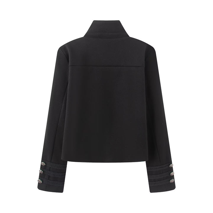 Ladies Short Military Inspired Blouson with Stand-up Collar Decorative Cords and Metal Button Placket Drune