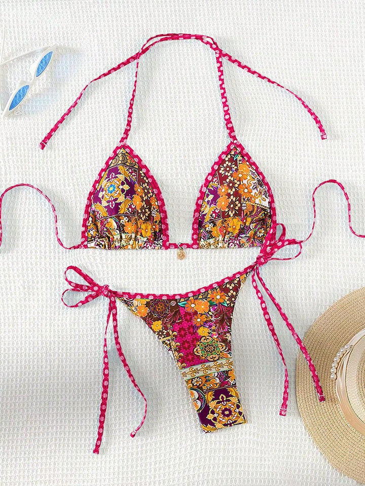 Women's triangle bikini with colorful floral pattern mix and adjustable straps Mune Fashion