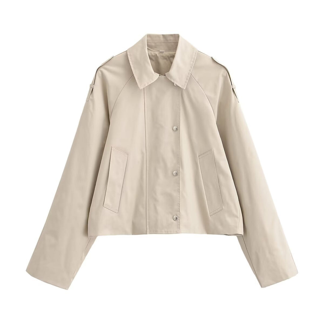 Women's Cropped Trench Coat in Boxy Cut with Epaulettes and Snap Buttons Mune Fashion