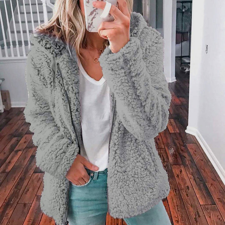 Women's fleece teddy jacket with hood, oversized cut and zipper Mune Fashion