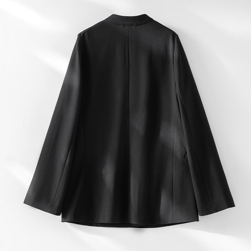 Women's collarless longline blazer with open V-neck and side pockets Mune Fashion