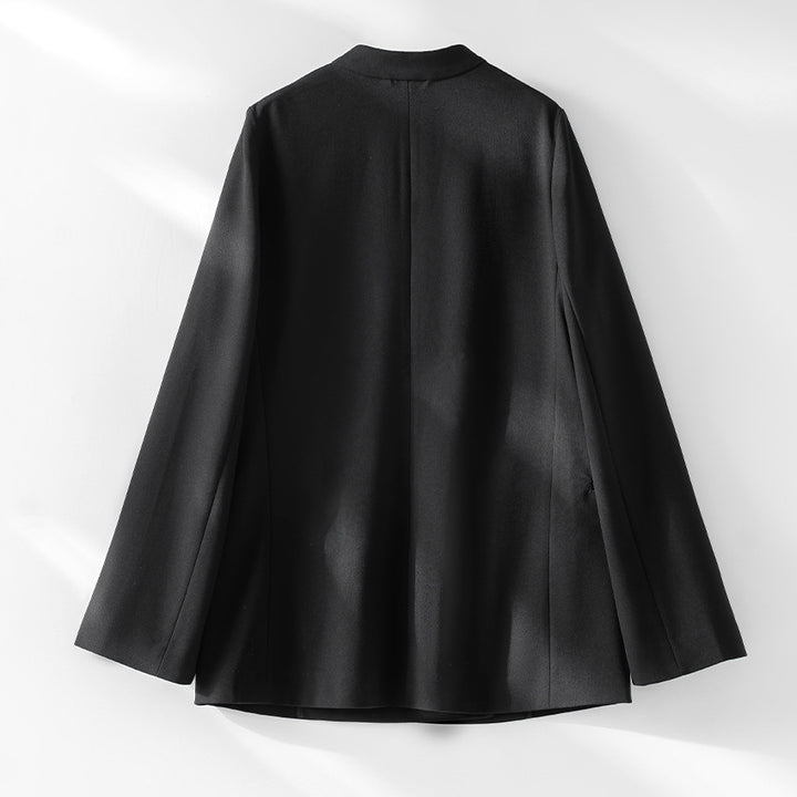 Women's collarless longline blazer with open V-neck and side pockets Mune Fashion